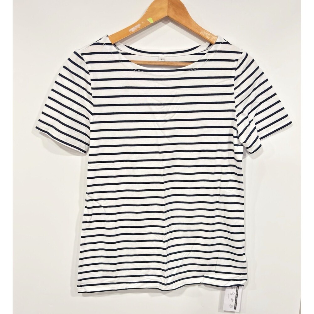 LilyCoco Horizontal Stripe Short Sleeve Tee Shirt Womens Small Casual Crewneck